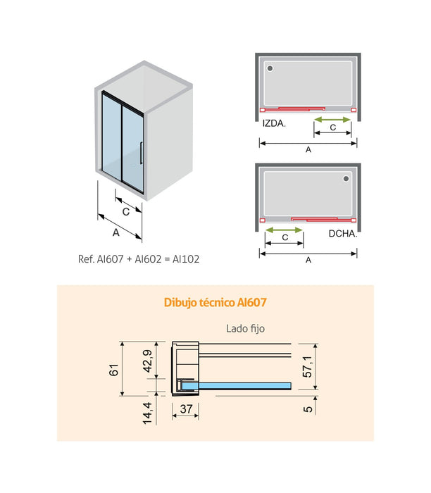 KASSANDRA PAVÍA Front Shower Screen Fixed + Sliding Door Bright Silver Transparent
