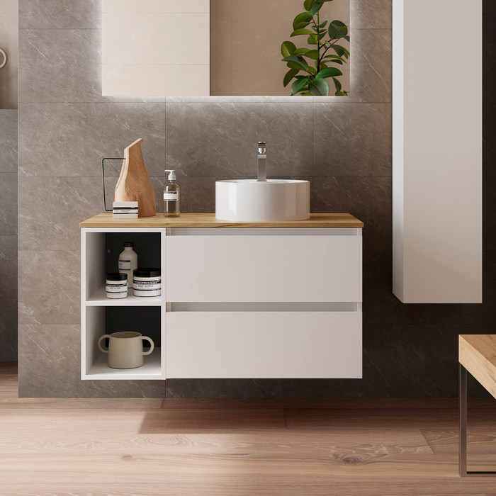 SALGAR BEQUIA Mueble de Baño con Lavabo de Posar y Encimera 2 Cajones 2 Huecos Blanco Mate Roble