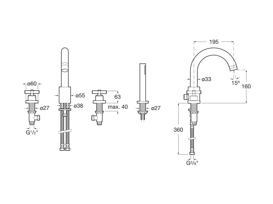 ROCA A5A0943C00 LOFT Mezclador de Repisa Baño-Ducha con Caño Central Alto con Inversor y Equipo de Ducha Cromo