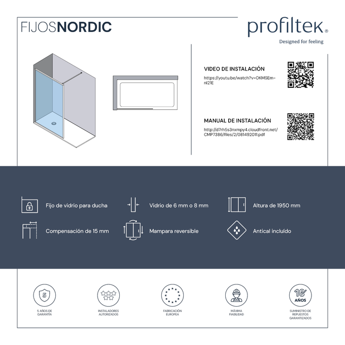 PROFILTEK NORDIC FN-2001 Mampara Fijo Perfil Negro Vidrio 8 mm Transparente