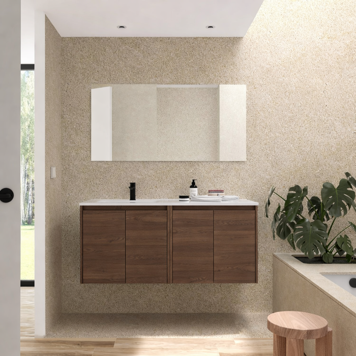 SALGAR 118846 NOJA Mueble+Lavabo+Espejo 4 Puertas 120 cm Color Nogal Maya Encimera Derecha