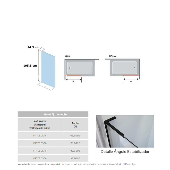 KASSANDRA FR703 FRESH Fixed Shower Screen Matte Black Transparent Glass