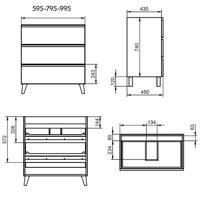 VISOBATH GRANADA Complete Bathroom Furniture Set 3 Drawers Ash Color White Handle