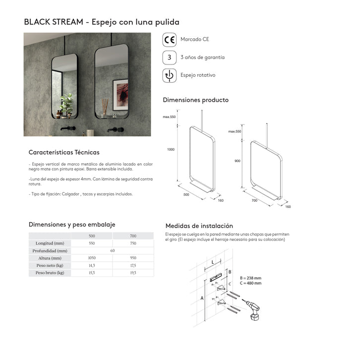 SALGAR 83916 BLACK STREAM Espejo 500 Negro