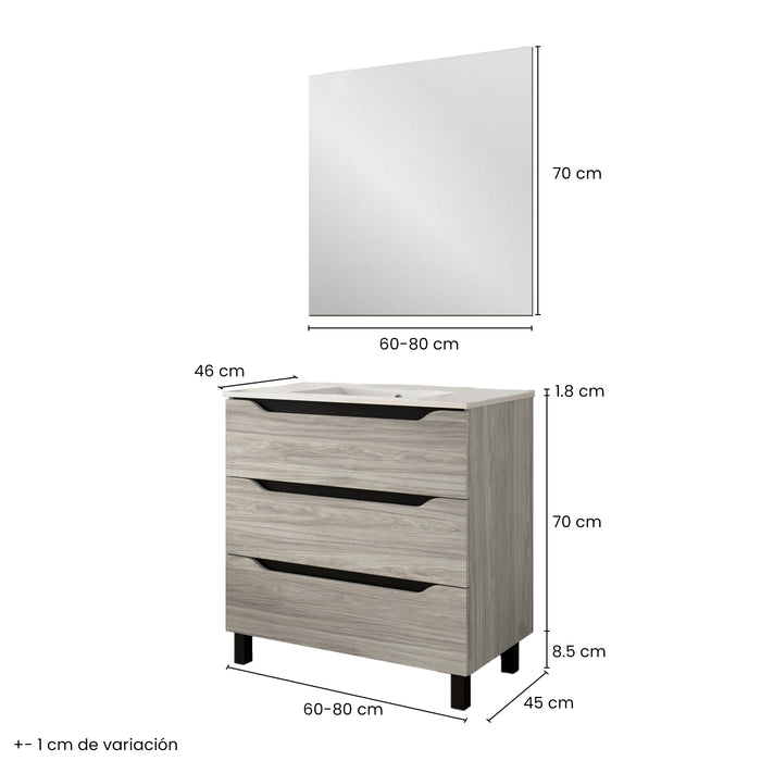 BATHME TRIO Complete Set Bathroom Furniture 3 Drawers Cambrian Oak Color