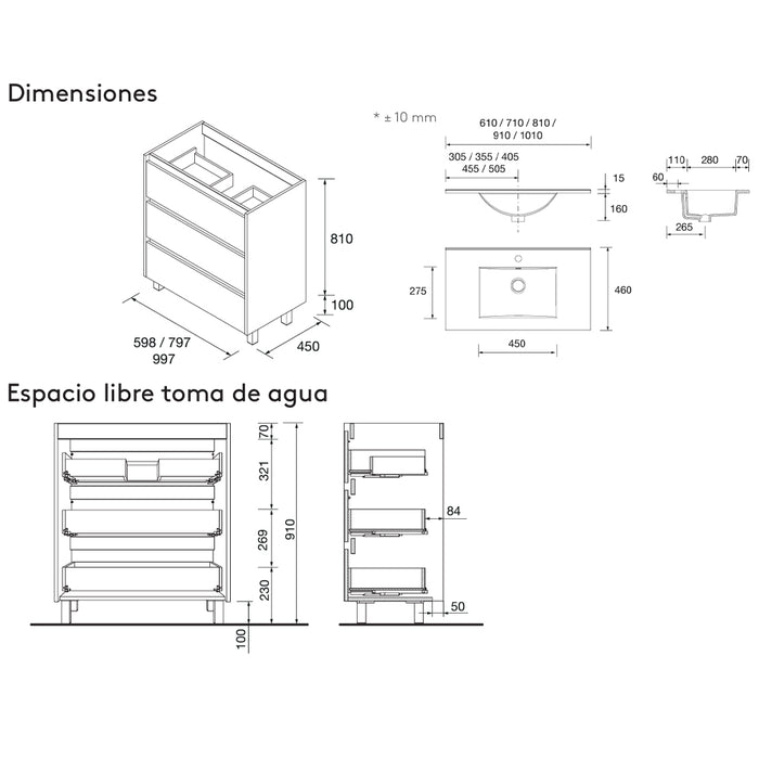 SALGAR NOJA Conjunto Mueble de Baño Completo 3 Cajones Color Natural