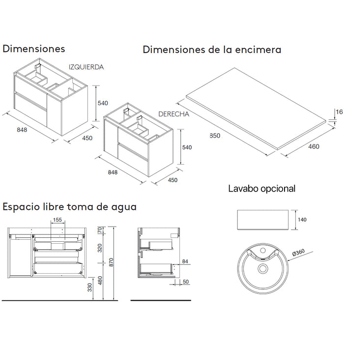 SALGAR NOJA 850 Mueble de Baño con Tapa Encimera 2 Cajones 1 Puerta Derecha Color Verde Mate