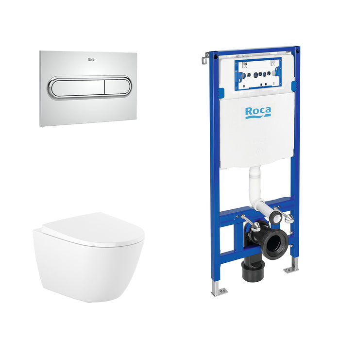 ROCA PACK ONA COMPACT+DUPLO Rimless Wall-Mounted Toilet Chrome Push Button