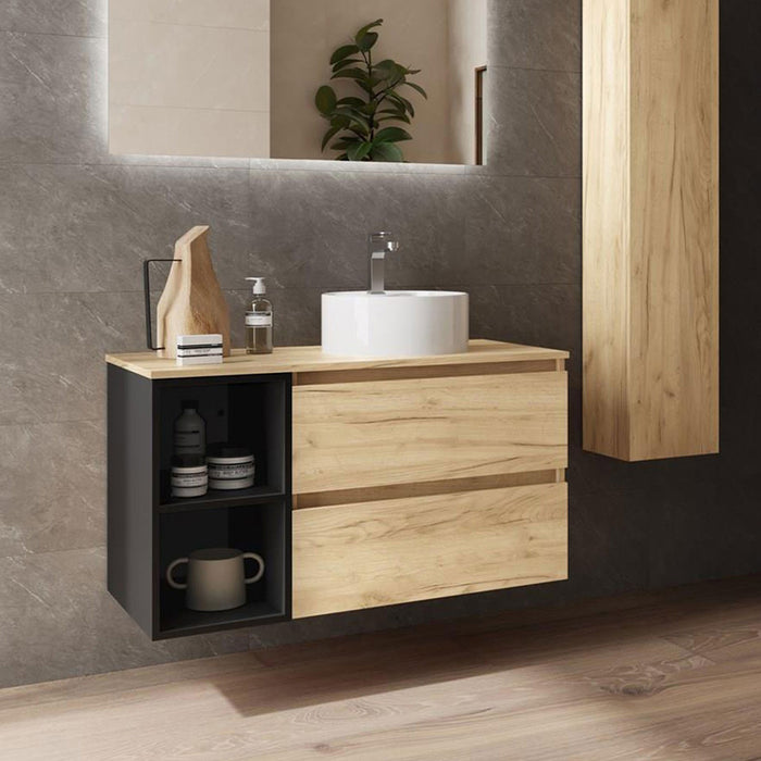 SALGAR BEQUIA Bathroom Furniture with Poser Sink and Countertop 2 Drawers 2 Holes Black Oak