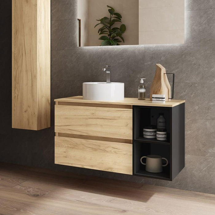 SALGAR BEQUIA Bathroom Furniture with Poser Sink and Countertop 2 Drawers 2 Holes Black Oak