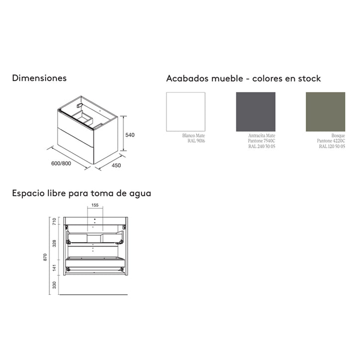 SALGAR UNIIQ Mueble de Baño con Tapa Encimera Solid Surface 2 Cajones Color Blanco Mate