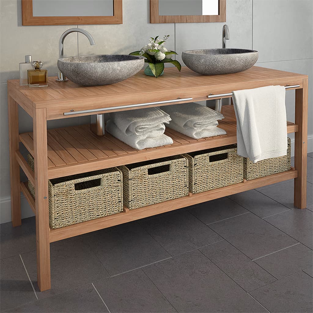 Mueble de baño con 3 cestas madera maciza de teca 132x45x75 cm - referencia  Mqm-318483
