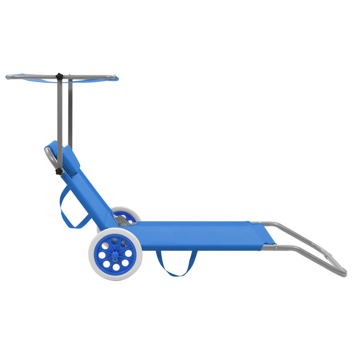VXL Folding Lounger with Parasol and Steel Wheels Blue