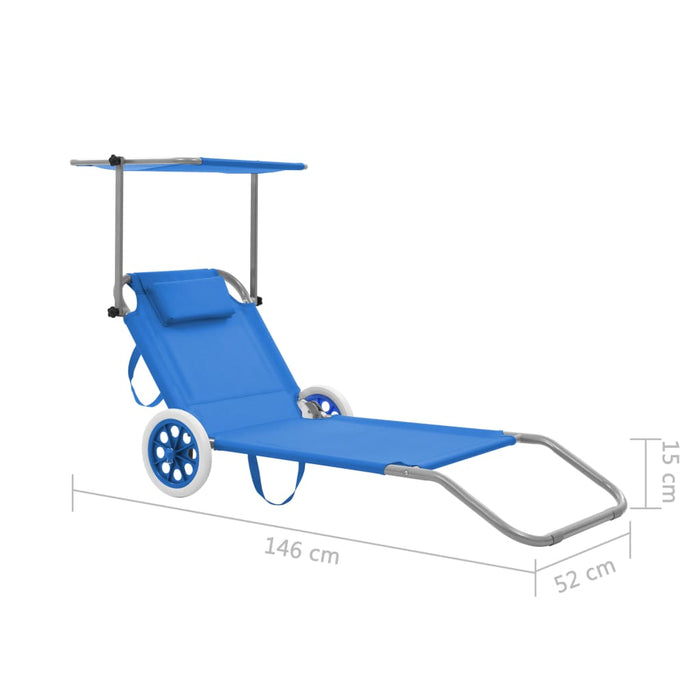 VXL Folding Lounger with Parasol and Steel Wheels Blue