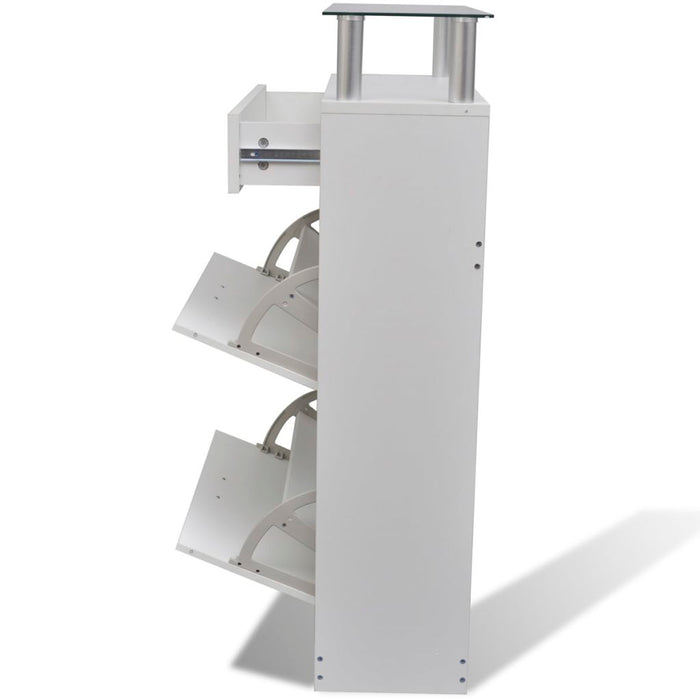 VXL Mueble zapatero con cajón y estante superior de vidrio blanco