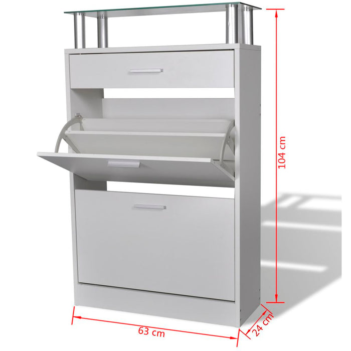 VXL Shoe cabinet with drawer and white glass top shelf