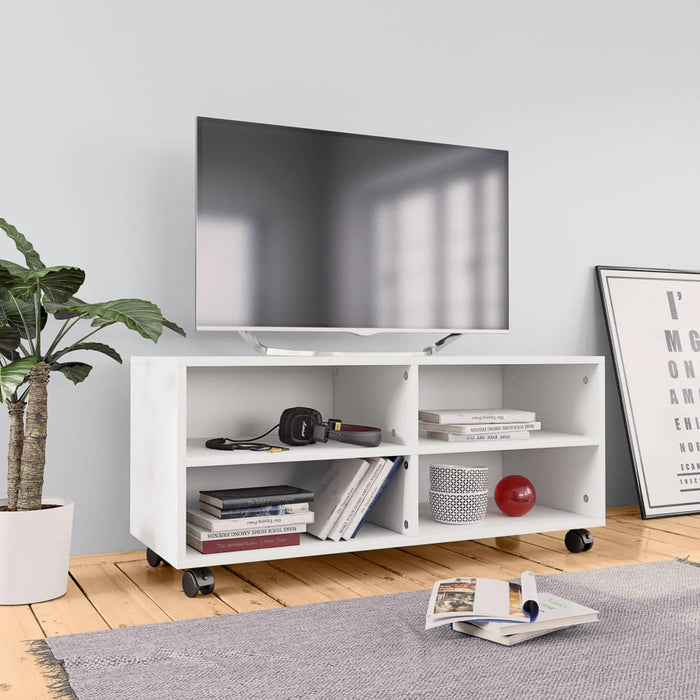 VXL Mueble de TV con ruedas madera contrachapada blanco 90x35x35 cm
