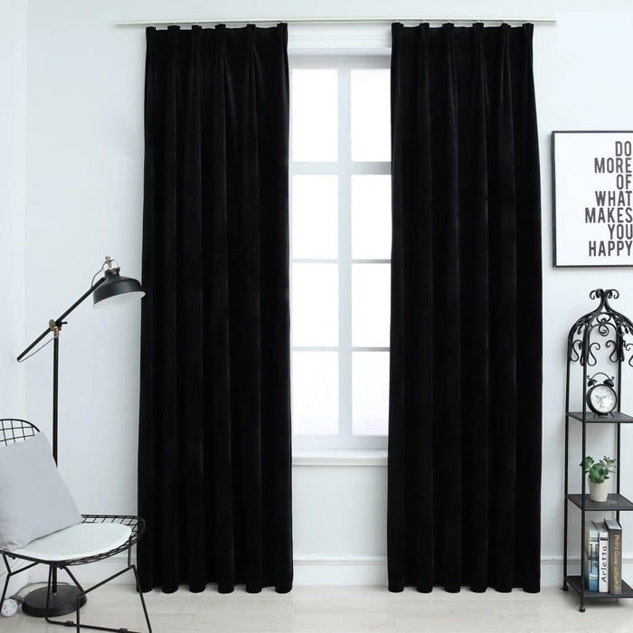 VXL Blackout Curtains With Hooks 2 Pieces Black Velvet 140X225 Cm