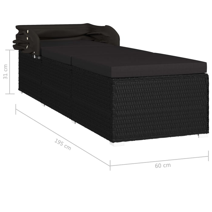 VXL Sun Lounger With Canopy And Cushion In Synthetic Rattan Black