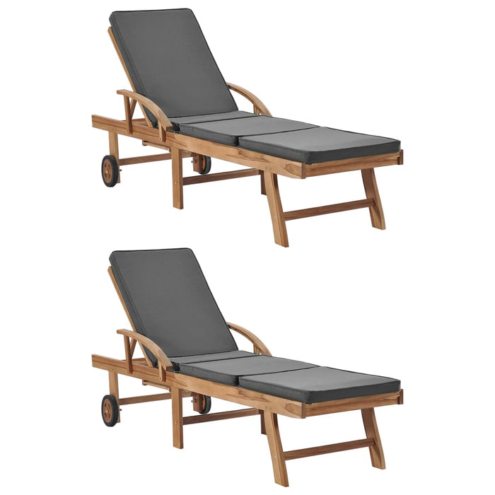 VXL Sun Loungers With Cushions 2 Units Solid Teak Wood Dark Gray