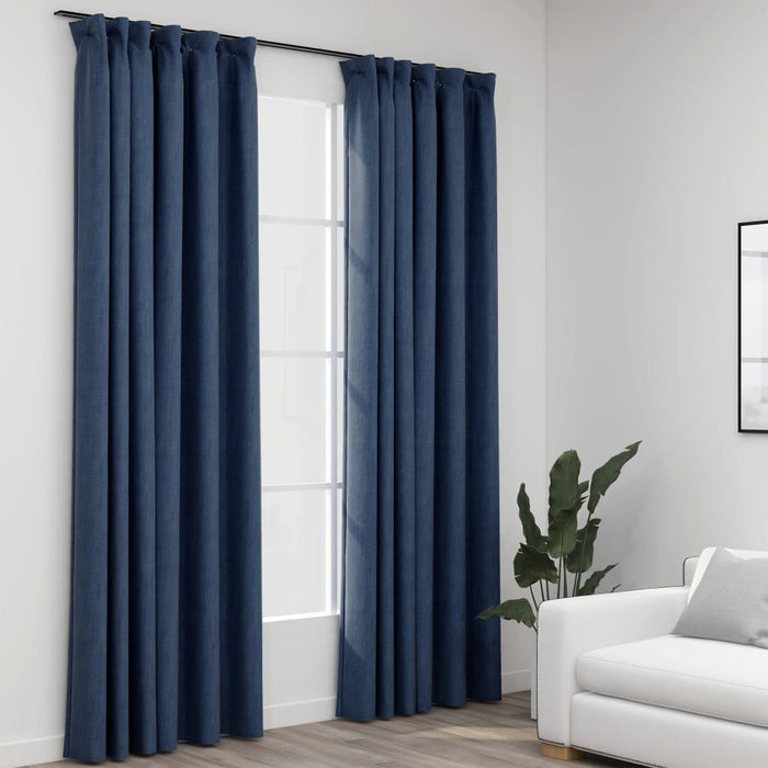 VXL Blackout Curtains with Hooks Linen Look 2 Pcs Blue 140X225 Cm