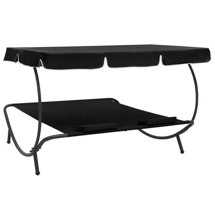 VXL Garden Lounger with Awning and Cushions Black