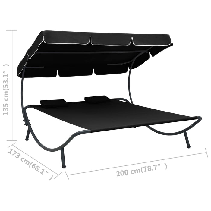 VXL Garden Lounger with Awning and Cushions Black