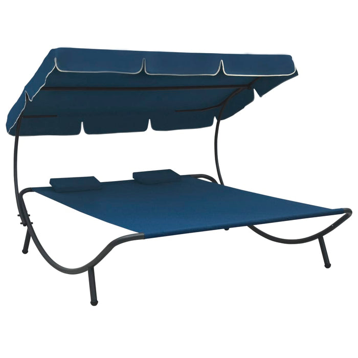 VXL Garden Lounger with Awning and Cushions Blue