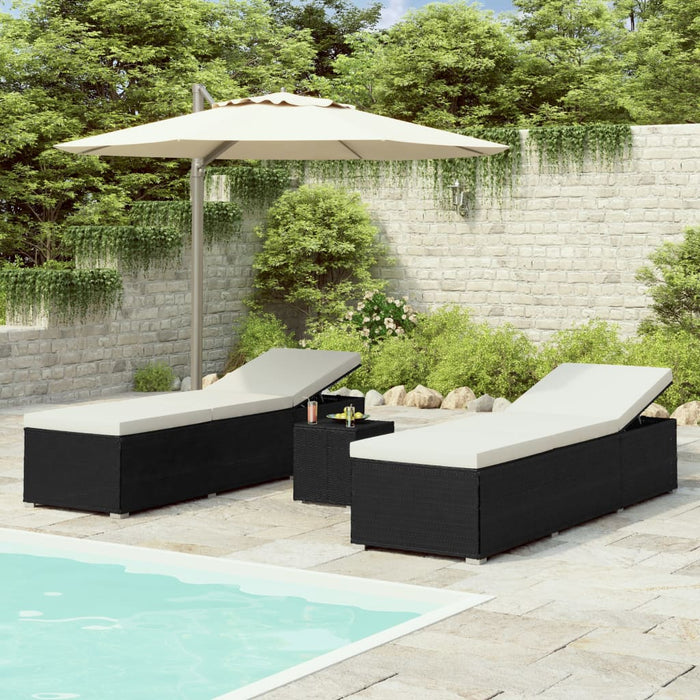 VXL Garden Loungers and Table 3 Pieces Black Synthetic Rattan