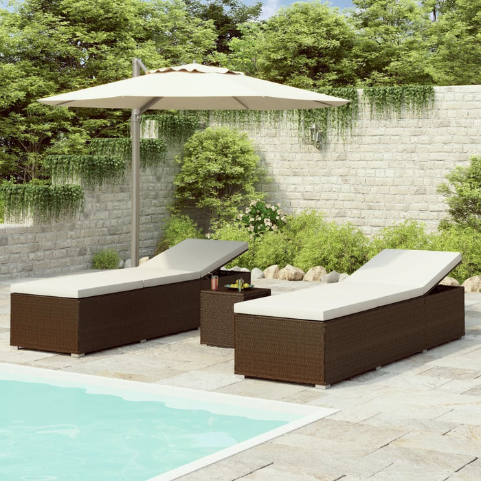 VXL Garden Loungers and Table 3 Pieces Brown Synthetic Rattan