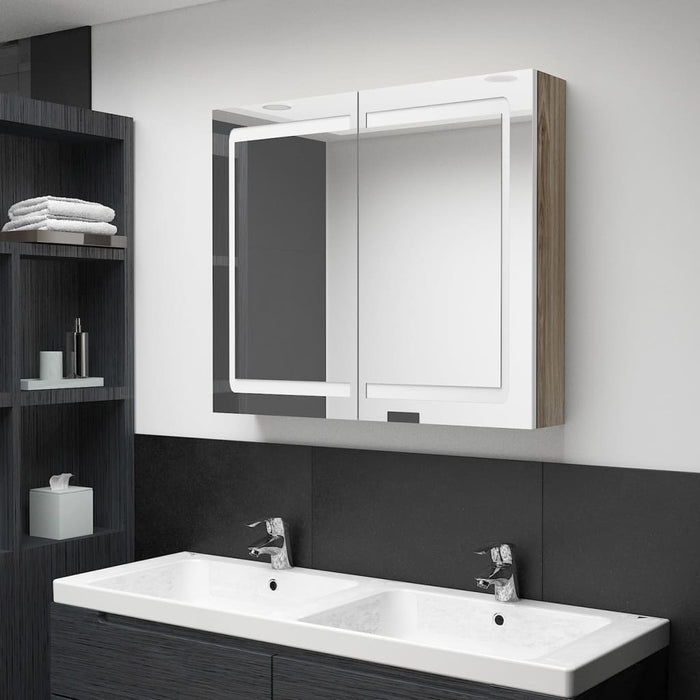 VXL Bathroom Cabinet with Led Mirror Oak and White Color 80X12X68 Cm