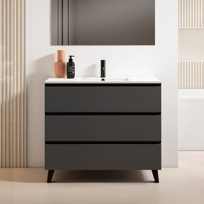 VISOBATH GRANADA Bathroom Furniture with Sink 3 Drawers Ash Color Black Handle