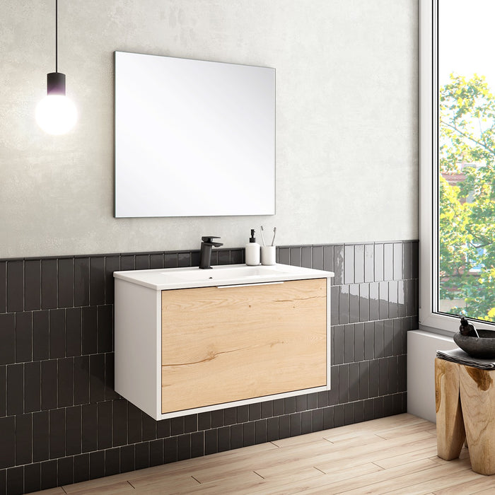 Conjunto de baño compuesto por mueble con lavabo, espejo y aplique led  Arenys, en blanco brillo de 60 cm