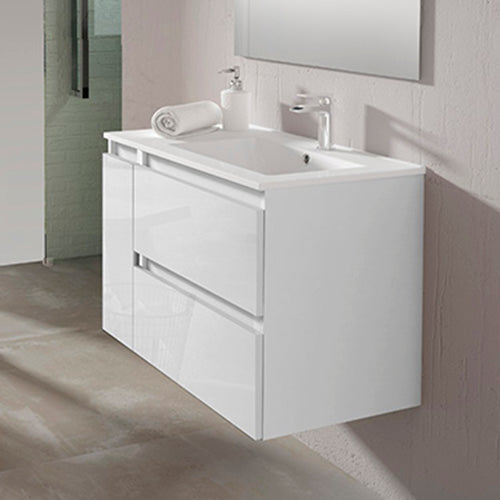 Mueble para Baño Pack Blanco Brillo (Mueble+Espejo+Lavabo Cerámico+Columna  Auxiliar) 