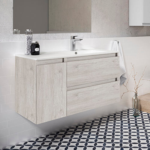 Pack muebles Baño Blanco Brillo (Mueble lavabo + armario alto + espejo +  lavamanos cerámico), Conjunto