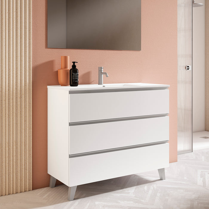 VISOBATH GRANADA Bathroom Cabinet with Sink 3 Drawers Matte Ada White Aluminum Handle