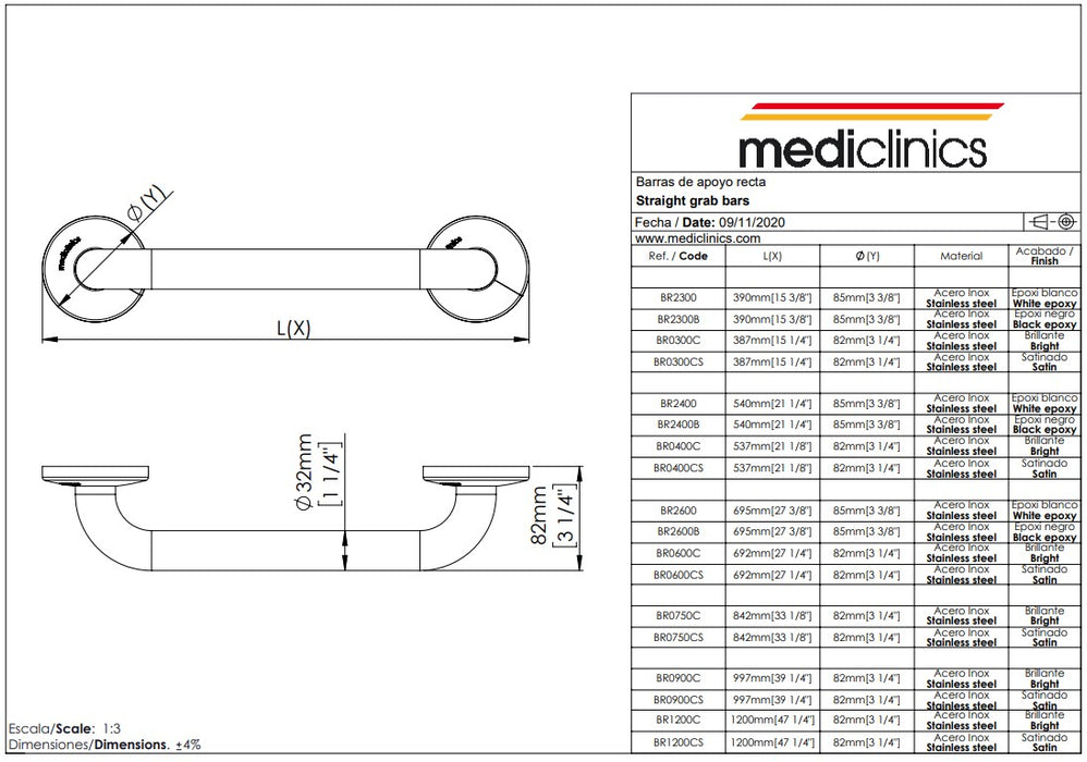 MEDICLINICS BR2400B MEDINOX Straight Bar Black 540 mm