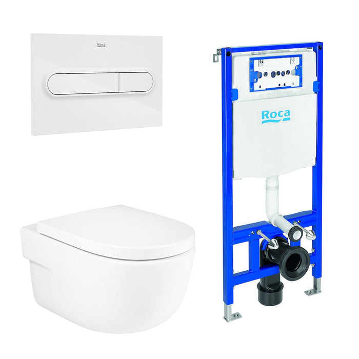ROCA PACK MERIDIAN+DUPLO Rimless Wall-Mounted Toilet White Push Button